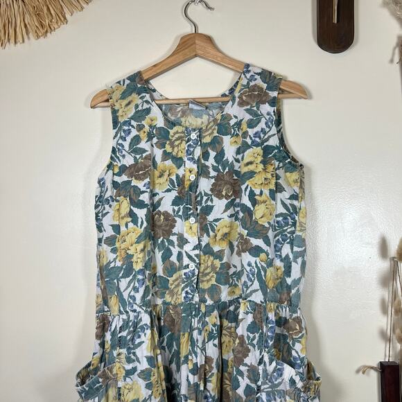 Women's Medium Sleeveless Vintage Chandri Yellow Flower Sundress - Picture 2 of 6